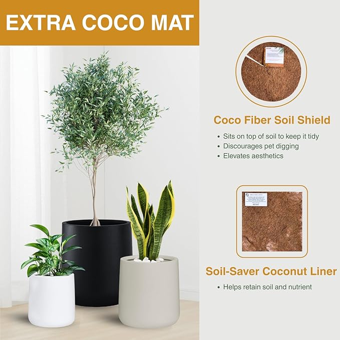 14" H x 13.7" D Conico Fiberstone Round Planter with Drainage Hole, Smooth Finishes, Weather Resistant for Indoor and Outdoor Use, Included 2 Extra Coco Mats (White, 10.6" Pot Opening)