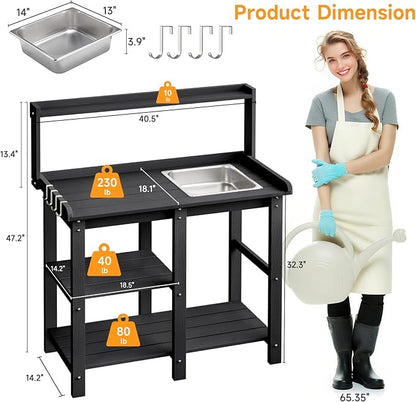 ONBRILL Potting Bench, Outdoor Potting Bench Table with Removable Sink, HDPS Potting Benches for Outside, Garden Table with Storage Shelves & 4 Side Hooks, No Rot, No Fade, No Break, 360lbs Capacity