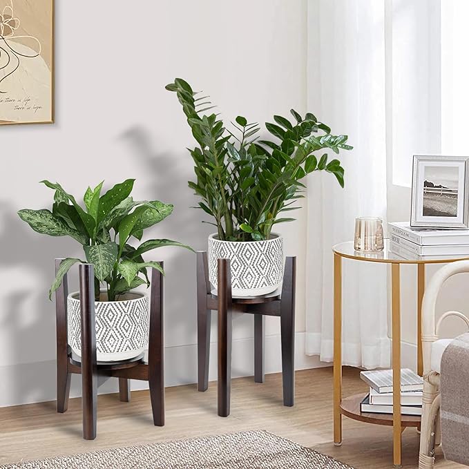 2 Packs Adjustable Plant Stand with Tray,Indoor Wood Plant Stand Fit 8'' to 12'' Planter,Mid Century Modern Flower Pot Holder Rack(Plant and Pot Not Included) Walnut