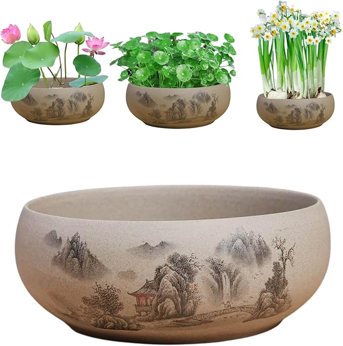 Lotus Bowl Planter, Ceramic Water Lily Bowl, Hydroponic Bonsai Lotus Bowls for Water Plants Indoor, Succulent Pots, Leak-Proof Design, Tranquil Living by Nature (7.56in*2.76in)