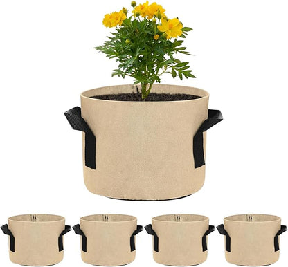 5-Pack Plant Grow Bags 1 Gallon Grow Bags 300G Thickened Fabric Pots with Durable Handles Plant Garden Grow Pots for Fruits/Vegetables/Flowers/Plants [Khaki]