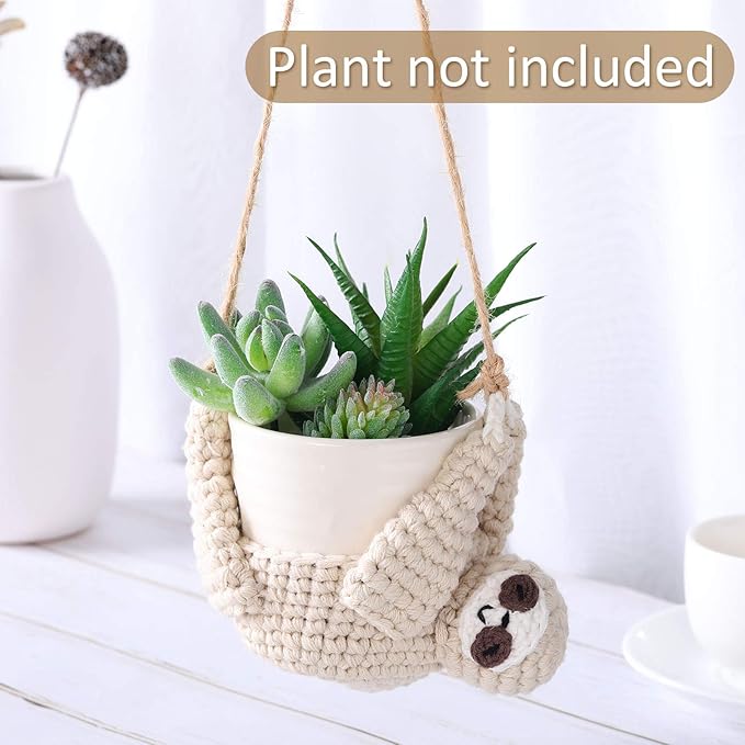 Patelai 2 Pieces Crochet Sloth Hanging Planter Handmade Sloth Plants Holder Plant Hanger for Indoor Outdoor Hanging Planter Supplies, Flower Pot and Plant Not Included
