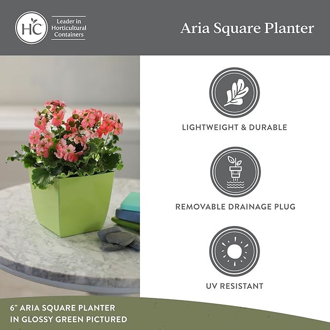 The HC Companies Aria Self Watering Square Plant Pot w/Drainage - Planters for Outdoor Plants & Indoor Plants - Lightweight & UV-Resistant Plastic Pots for Plants (6" Glossy Green, Pack of 2)