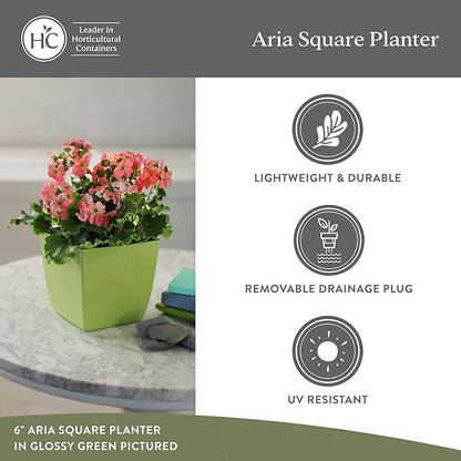 The HC Companies Aria Self Watering Square Plant Pot w/Drainage - Planters for Outdoor Plants & Indoor Plants - Lightweight & UV-Resistant Plastic Pots for Plants (6" Glossy Green, Pack of 2)