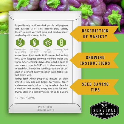 Purple Beauty Bell Pepper Seeds for Planting | Heirloom Sweet Purple Bell Peppers for Home Gardens – Non-GMO Open-Pollinated – Survival Garden Seeds (2 Packs)