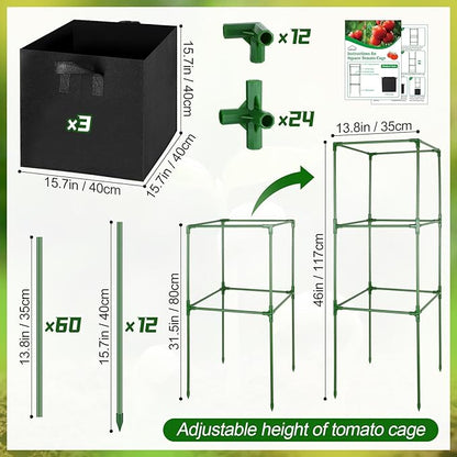 ANPHSIN 3 Sets Tomato Cages with 17 Gallon Grow Bags, 46'' Heavy-Duty Plant Support Trellis Tomato Planter Pots Kit, Garden Vegetables Cucumber Flowers Vertical Climbing Plants Vines