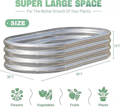 AHEONLAR 3 Pack 6×3×1ft Galvanized Raised Garden Beds, Oval Metal Garden Bed Planter Boxes Outdoor, Durable Raised Garden Beds Outdoor for Vegetables, Flowers, Silver
