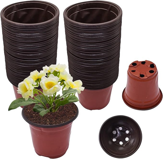 100Pcs Nursery Seedlings Pots - 5 Inches Plastic Planting Flowerpots Gardening Pot Cups Seed Starting Flower Containers for Succulents, Brick Red