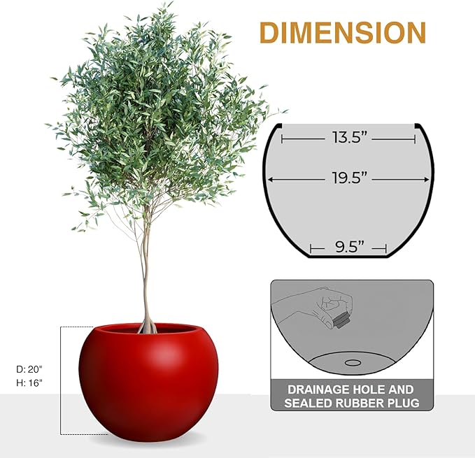16" H x 20" D Globo Fiberstone Round Planter with Drainage Hole, Smooth Finishes, Weather Resistant for Indoor and Outdoor Use, Included 2 Extra Coco Mats (Red, 13.5" Pot Opening)