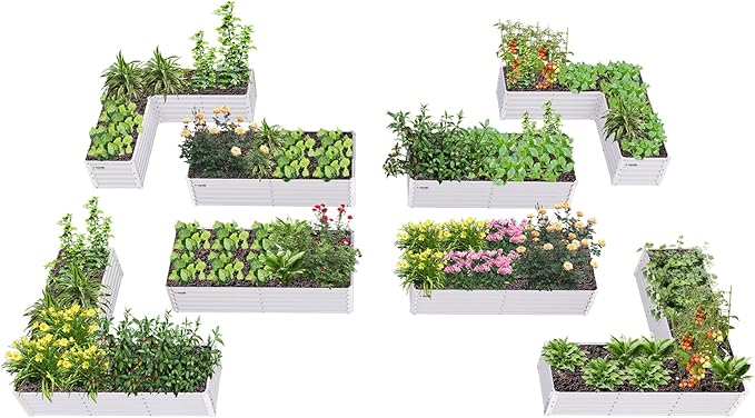 A ANLEOLIFE 8-Piece 18 Inch Tall Antique White Raised Garden Beds Kit, L-Shaped & Rectangular Metal Planters – Ideal for Backyard Vegetables Flowers Herbs