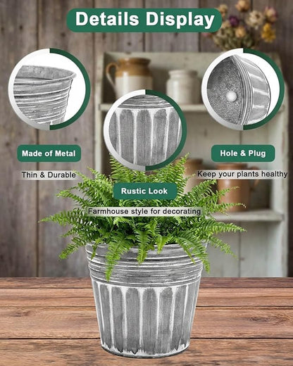 vensovo 5 Inch Silver Metal Rustic Flower Pots - 6Pcs Medium Galvanized Planters with Drainage Hole and Rubber Plug, Rustproof Metal Bucket Plant Pots Farmhouse Vintage Style for Decor