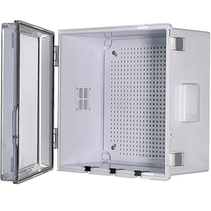 ABS Electrical Junction Box, Ventilated Design, Cable Grommets, IP65 Waterproof Enclosure, Indoor/Outdoor Use with Mounting Panel. (Clear Cover, 11.9"x11.9"x7")
