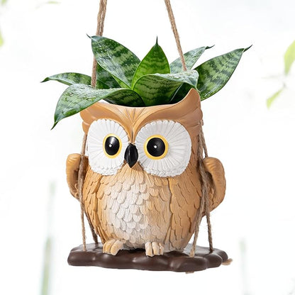 QCQHDU Swing Owl Hanging Pots with Drainage Hole, Small Resin Succulent Plant Planters, Cute Indoor/Outdoor Decor for Balcony Garden Patio, Women Gift Idea, Khaki