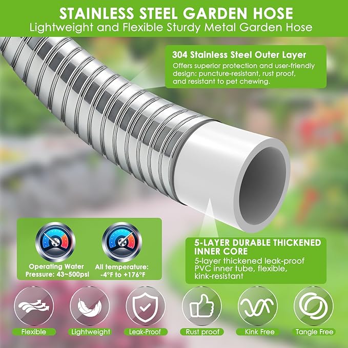 Stainless Steel Garden Hose 50 ft - 304 Stainless Steel Kink-Free Metal Water Hose with Shut-Off Valve & Hose Straps, Heavy Duty, Rust/Puncture Proof for Yard, Lawn and Car Washing, 50 Feet