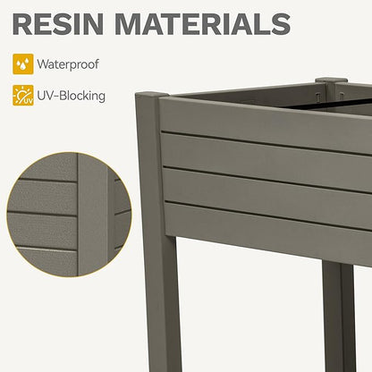 DWVO Raised Garden Bed Kit, 3.6 x 1.5 x 2.8 FT Outdoor Plastic Planter Box with Wheels and Legs, Garden Box with Drain Plug & Storage Shelf for Planting Vegetables, Flowers, and Herbs, Light Brown