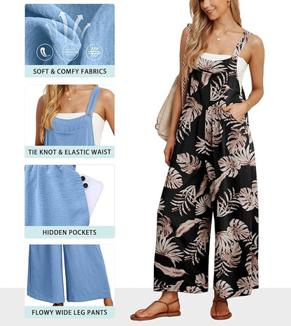 IWOLLENCE Women's Summer Jumpsuits Boho Wide Leg Overalls Casual Loose Rompers with Pockets 2025