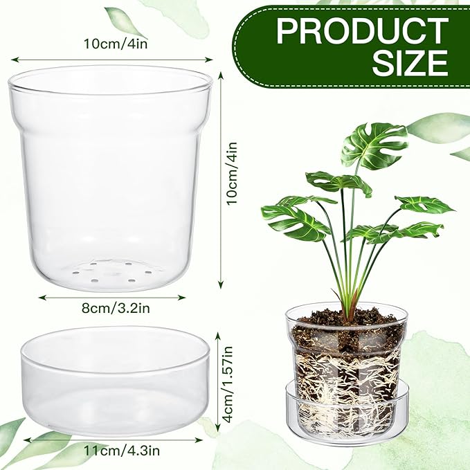 Baderke 4 Inch Glass Plant Pots with Saucer, Flower Nursery Plant Pots with Drainage for Flower Seed Starter Transparent Seedling (1 Set)