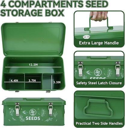 Seed Storage Box, Seed Storage Organizer with Garden String, 30 Seed Envelopes and Bamboo Plant Labels, 4 Compartments Garden Seed Organizer Box with Safety Locks, Dark Green