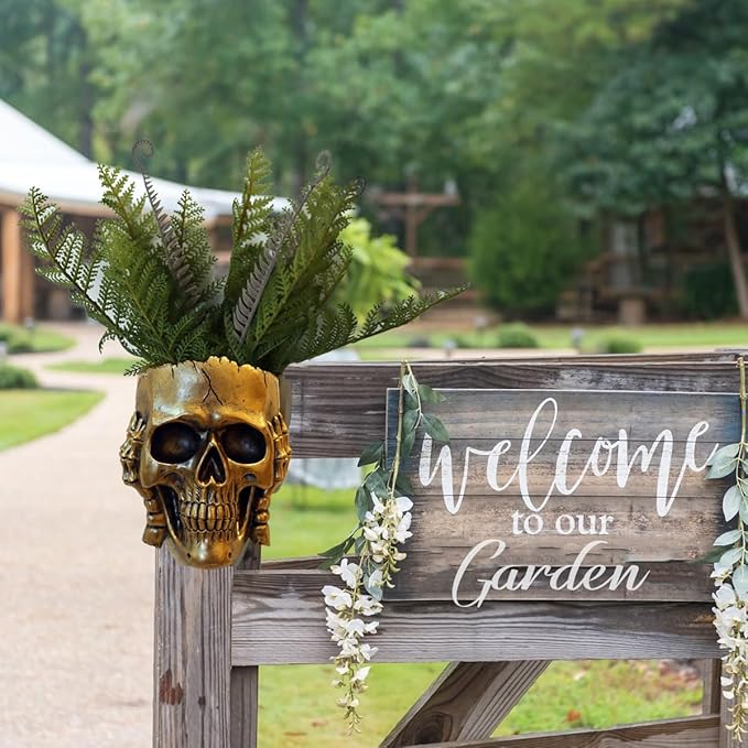 Skull Fence Planter for Outdoor Plants, Spooky Skull Wall Planters for Indoor Outdoor Décor, Unique Modern Gothic Hanging Face Plant Pot Gold Head Vase with Drainage