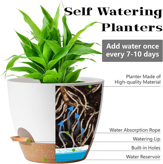 Plant Pots for Lazy People,5Pack 7/6.5/6/5.5/5 Inch, Plastic Self Watering Planter Pot for Houseplants,Succulent, African Violets,Snake Plants, Flowers and Cactus, White