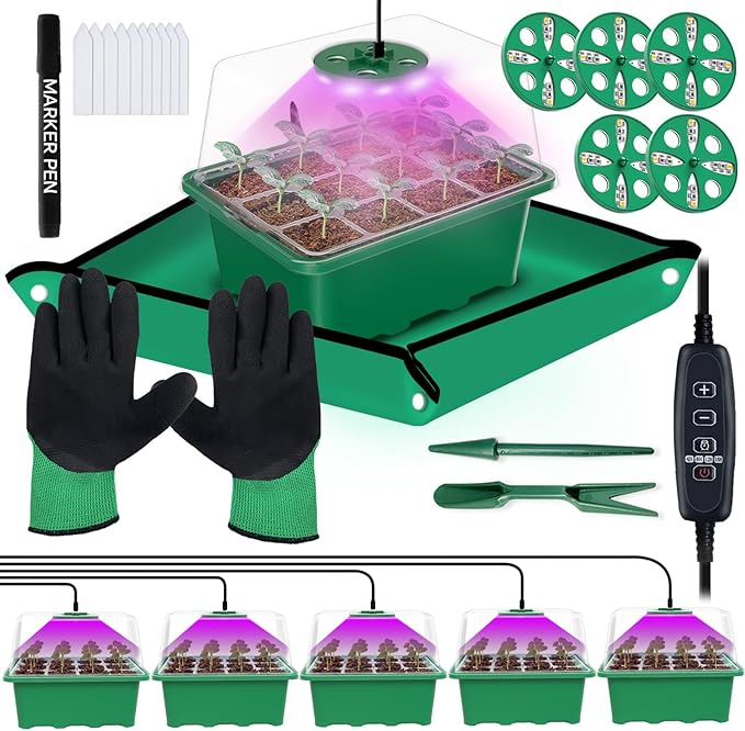 5-Pack Seed Starter Tray with Grow Light, 60 Cells Seed Starter Kit with Adjustable Brightness Timing Controller, Mini Greenhouse Germination Kit for Seeds Starting (Value Pack)