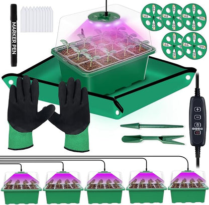 5-Pack Seed Starter Tray with Grow Light, 60 Cells Seed Starter Kit with Adjustable Brightness Timing Controller, Mini Greenhouse Germination Kit for Seeds Starting (Value Pack)