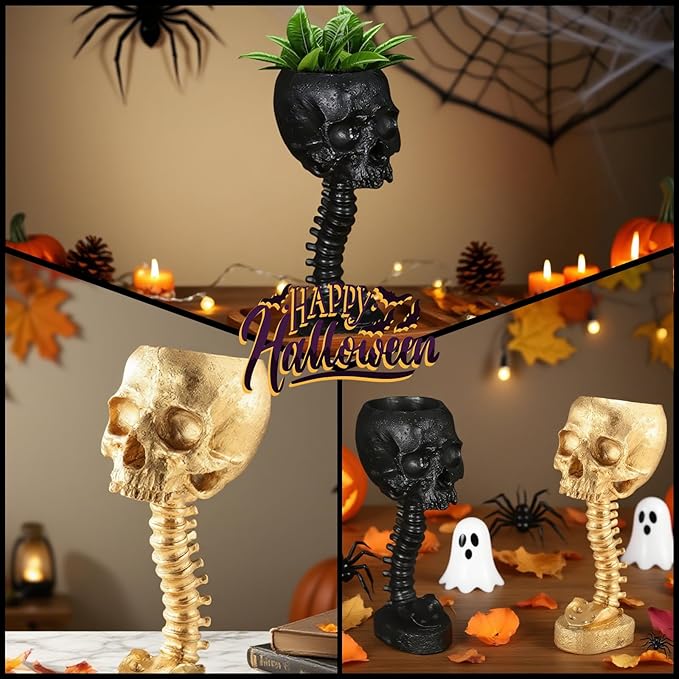 Skull Planter Gothic Skull Vase, Resin Skulls Bowl with Spine Stand Spooky Halloween Skeleton Tall Planters Centerpiece for Gothic Home Decor, Flower Pot, Candy Bowl