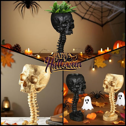 Skull Planter Gothic Skull Vase, Resin Skulls Bowl with Spine Stand Spooky Halloween Skeleton Tall Planters Centerpiece for Gothic Home Decor, Flower Pot, Candy Bowl