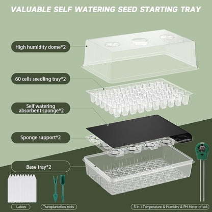 Self-Watering Seed Starter Tray, Seed Starter Kit Self Water, Germination Trays for Seed Starting with High Humidity Domes (Tray, 120 Cells)