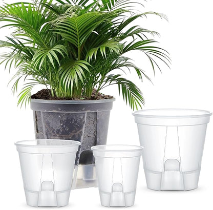 Self Watering Pots for Indoor Plants with Deep Reservoir and High Drainage Holes for Outdoor Plants and Flowers, Bare Root Planter(4.72''/5.91''/7.09''/8.27'',Clear,4 Pcs)