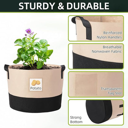 LITLANDSTAR 7 Gallon Fabric Grow Bags, 10 Pack Heavy Duty Thickened Nonwoven Plant Grow Bags with Handles and Label Bags, Fabric Plant Pots for Growing Vegetables Flowers Herbs (Black Mixed Camel)