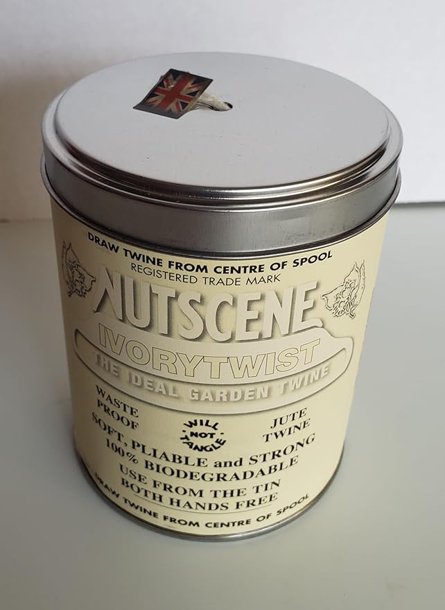 NUTSCENE Iconic Tin (Tin ‘O’ Twine) with Their Heritage Scottish Jute Twine and Hole in Top for Easy Dispensing. 14+ Colors to Choose from. 164 Yards. (Ivory)
