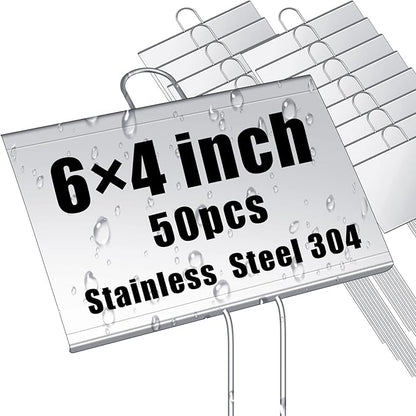 Landhoow 50 Pcs Large Garden Plant Markers Metal Plant Labels Sign 4'' x 6'' with 11'' Stake Weatherproof Waterproof Garden Sign for Outdoor Seedlings Herbs Vegetable Greenhouse, Silver