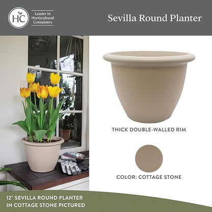 The HC Companies Sevilla Flower Planters - Durable Outdoor & Indoor Planter - Round Lightweight Self Watering Plant Pots for Herbs & More (12" Cottage Stone, Pack of 1)