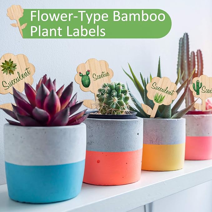 Whaline 60Pcs Flower-Type Bamboo Plant Labels with 1 Marker Pen Eco-Friendly Wooden Plant Sign Tag Wood Garden Marker Decorative Garden Tags for Seed Potted Herbs Flowers Vegetables (5 x 10 Cm)