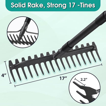 Garden Rake:63 Inch Metal Garden Leaf Rake with 17 Tines, Heavy Duty Bow Rakes for Lawn Yard Leaves Debris Mulch Gravel Thatch Clean,Lawn Care Gardening Landscaping