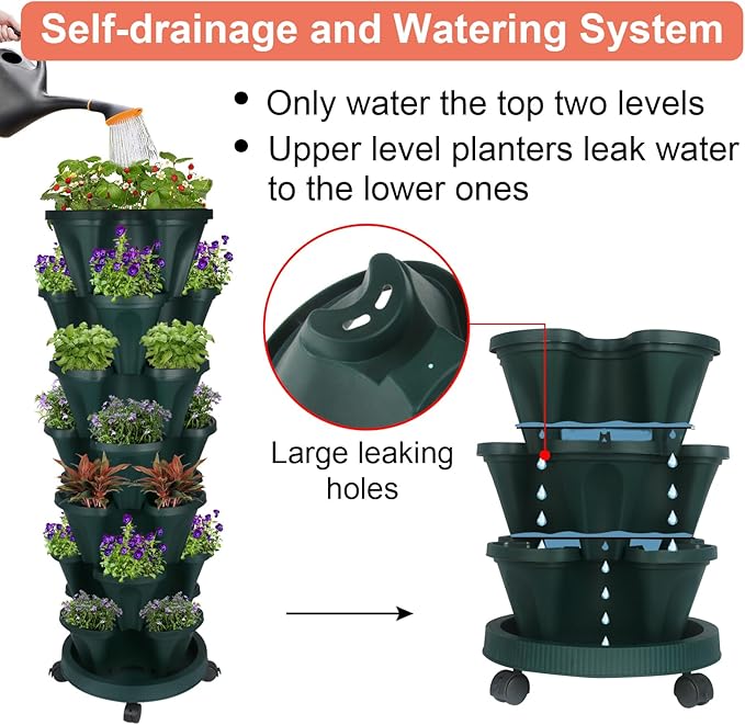 GameXcel Vertical Planter 7 Tier Stackable Planters Garden Planters Strawberry Herb Flower and Vegetable Planter Indoor Outdoor Gardening Pots with Removable Wheels and Tools