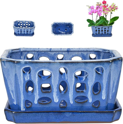 W&W Orchid Pot with Holes and Saucer for Repotting, White and Blue, 9.7 Inch