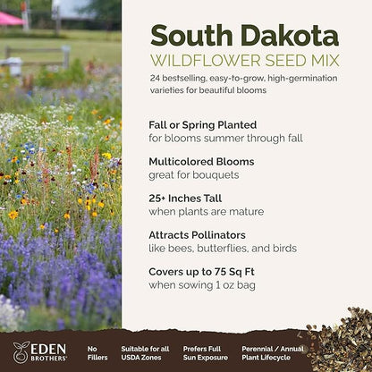 Eden Brothers South Dakota Wildflower Mixed Seeds for Planting, 1 oz, 30,000+ Seeds with Sweet Alyssum, Toadflax | Attracts Pollinators, Plant in Spring or Fall, Zones