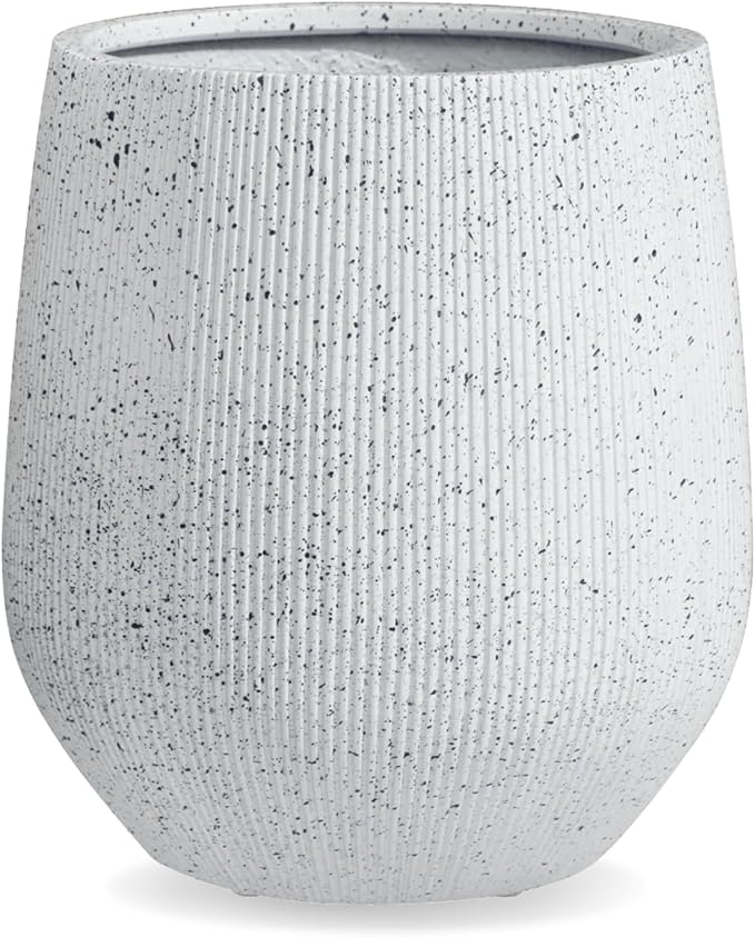 16.5" H x 15" D Ribbed Corso Fiberstone Round Tapered Planter with Drainage Hole, Weather Resistant, Included 2 Extra Coco Mats (Ribbed Speckled White, 11.5" Pot Opening)