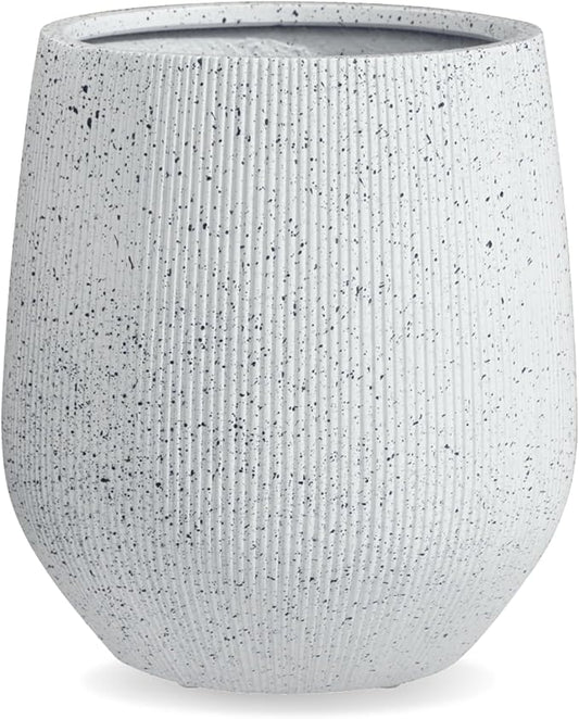 16.5" H x 15" D Ribbed Corso Fiberstone Round Tapered Planter with Drainage Hole, Weather Resistant, Included 2 Extra Coco Mats (Ribbed Speckled White, 11.5" Pot Opening)