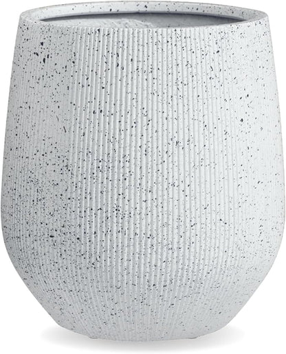 12.5" H x 11.5" D Ribbed Corso Fiberstone Round Tapered Planter with Drainage Hole, Weather Resistant, Included 2 Extra Coco Mats (Ribbed Speckled White, 9" Pot Opening)