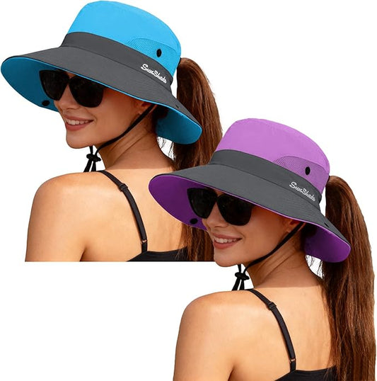 ZOORON Women's Ponytail Safari Sun Hat,Wide Brim UV Protection Outdoor Bucket Hat,Foldable Beach Summer Fishing Hat