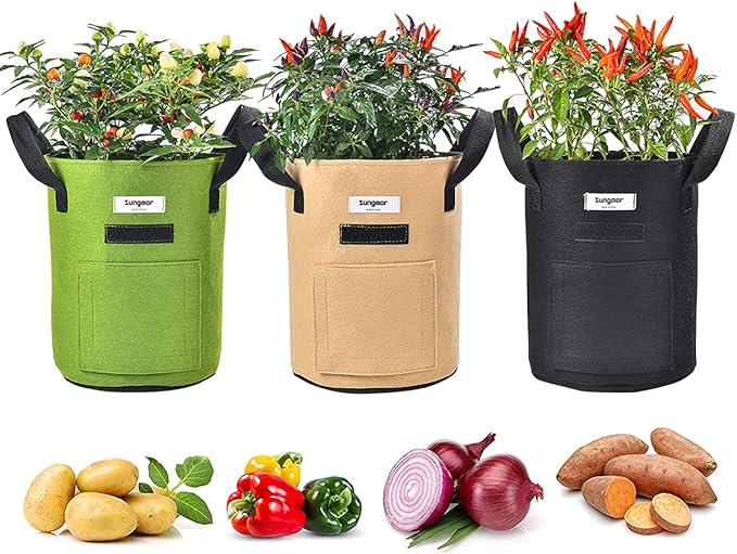 Sungmor 3PC Large Fabric Pots, Grow Bags for Plants 10 Gallon Patio Garden Bags Cloth Pots, Heavy Duty Thick Non Woven Planters Flower Pots Gardening Planting Bags for Flowers Vegetables Pepper Plants