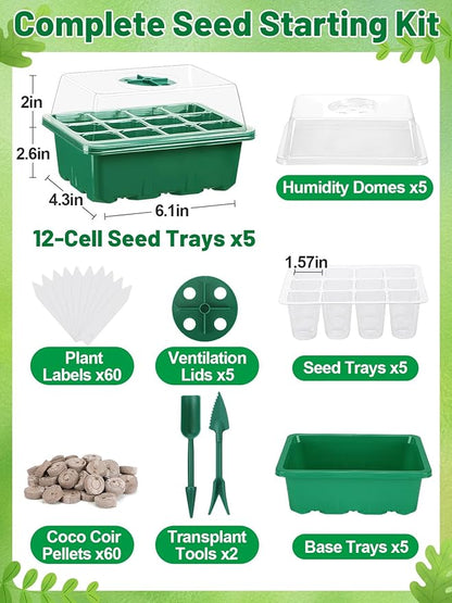 Apipi 5 Pack Seed Starter Kit with 60 Coco Coir Pellets - 60 Cell Seed Starter Trays with Domes for Indoor Greenhouse Germination, Home Gardening System for Vegetables/Herbs/Flowers