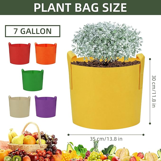 6 Pack 7 Gallon Grow Bags, Colorful Fabric Plant Growing Pots with Handles, Garden 7 Gal Fabric Grow Pots, Vegetable Plant Growing Bags for Garden (7 Gallon)