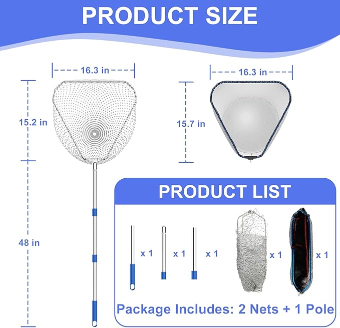 Chicken Catching Net 2 Pcs, Chicken Net for Chicken Supplies, Stainless Steel Poultry Catcher for Catching Small Chicken, Goose, Ducks, Fish, Birds(2 Nets, 1 Pole Included