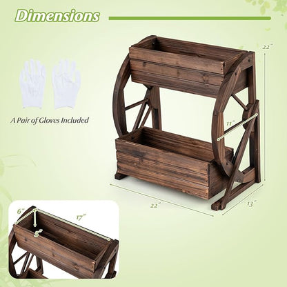 Giantex Wooden Wagon Planter Box, 2-Tier Garden Planter with Drainage Holes for Flowers Herbs Vegetables, Indoor Outdoor Decorative Planter Container for Patio Garden Balcony (1)