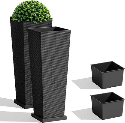 JUMMICO Set of 2 Resin Rattan Tall Planters for Outdoor Plants, Large Tapered Planters with Drainage Holes, Inner Trays and Outer Saucers, Flower Pots for Garden, Patio, Porch, Backyard (Black, 32")
