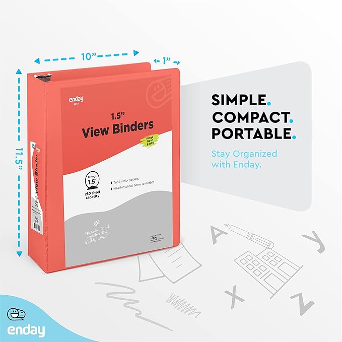 3 Ring Binder 1.5 Inch Red, 1 ½ inch Binder Clear View Cover with 2 Inside Pockets, Colored School Supplies Office and Home – by Enday